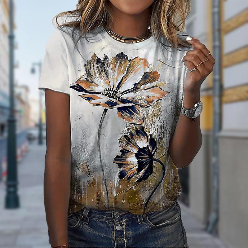 Women Summer T Shirt Trend Lotus Print Retro Fashion Short Sleeve Tees Casual   Printed  Tops