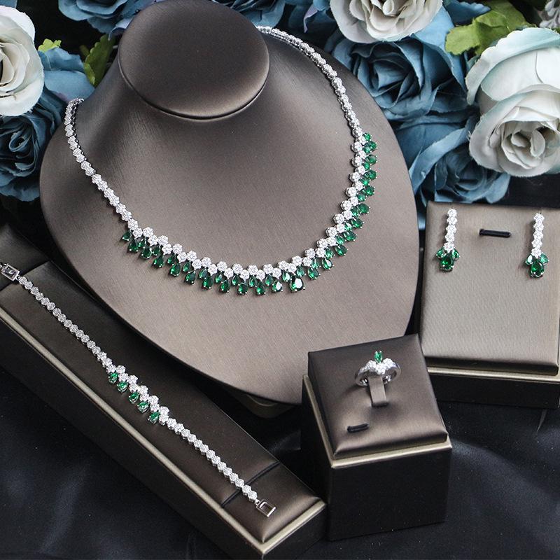 Korean Bridal Jewelry Set: Zircon Necklace, Earrings & Ring - Elegant Wedding Accessories