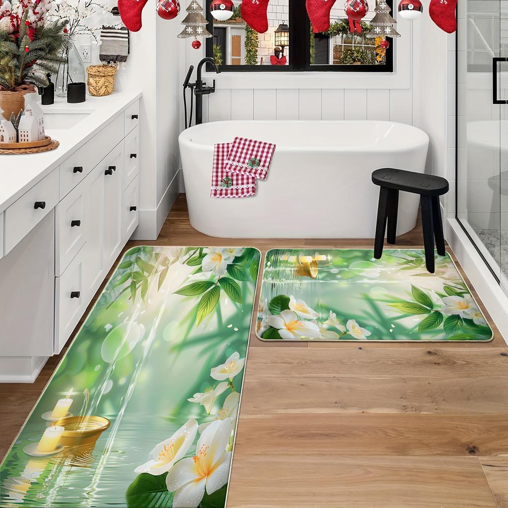 1 x Anti-Ermüdungs-Küchenteppich, Blumenmuster mit Seeufer-Aufdruck, wasserdicht, rutschfest, dick gepolstert, robuste, bequeme Stehmatte für die Küche