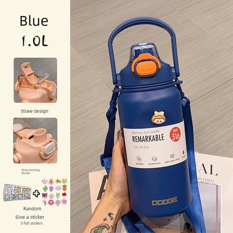 Japanese Large-Capacity Thermos Cup for Women, 316 Stainless Steel, Big Belly Straw Cup, High Aesthetic Children's Water Bottle for Men