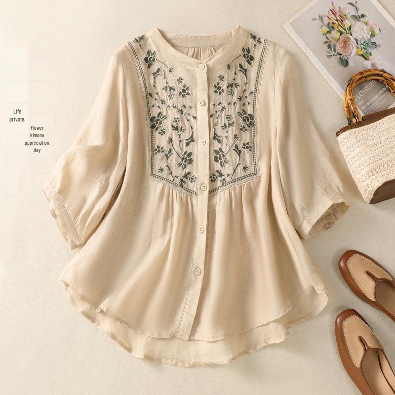 2025 Women's Retro Linen Shirt: Elegant Stand Collar, Single-Breasted, Embroidered Design