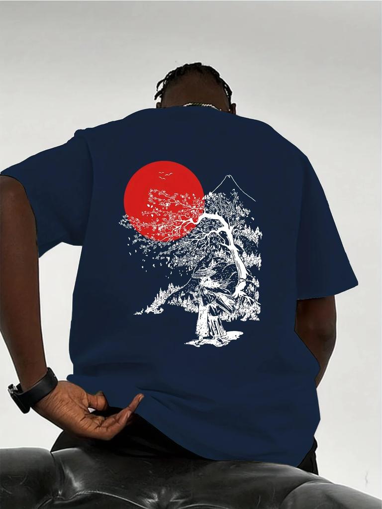 Mens Cotton Zeninspired Tshirt New Japanese Cherry Blossom and Mountain Pattern Bestselling Minimalist Tshirt
