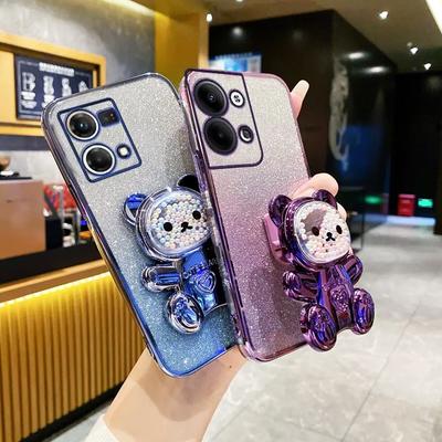 Reno5 Lite Cute Bear Holder Bracket Glitter Plating Case On for Oppo Reno10 Reno 10 11 11F 9 8 8T 7 6 5 Lite Pro Stand Cover