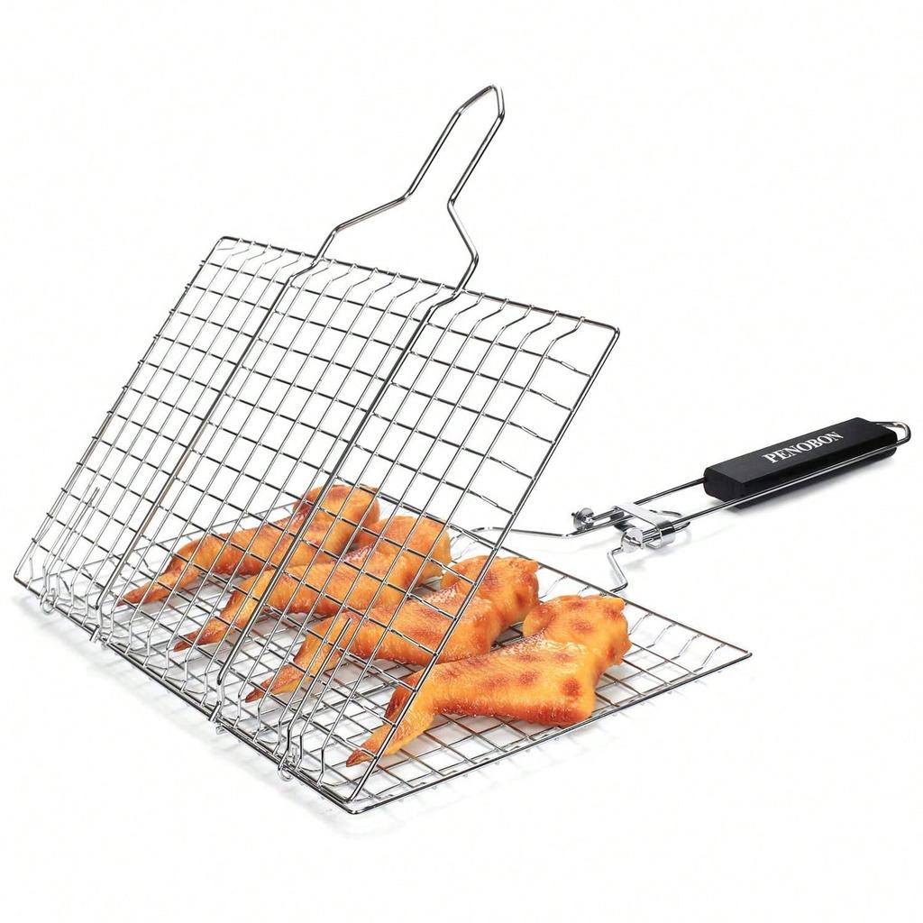 Fish Grilling Basket, Folding Portable Stainless Steel BBQ Grill Basket For Fish Vegetables Shrimp With Removable Handle, Come With Storage Bag