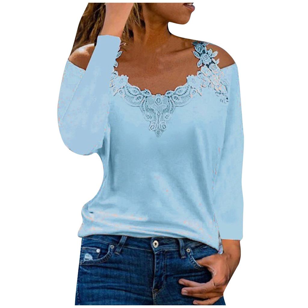 Damen-T-Shirts mit kalter Schulter, modisch, lässig, Spitze, Langarm, V-Ausschnitt, lockere Passform, Tunika, T-Shirt, sexy Blusen