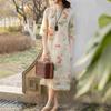 Light cotton and linen stand-up collar improved cheongsam dress for women, retro diagonal placket design printed short-sleeved skirt