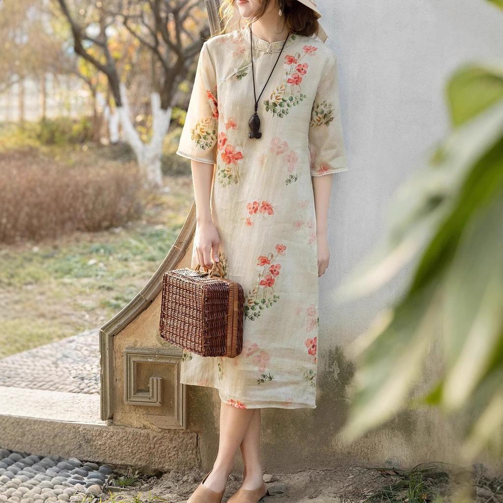 Light cotton and linen stand-up collar improved cheongsam dress for women, retro diagonal placket design printed short-sleeved skirt