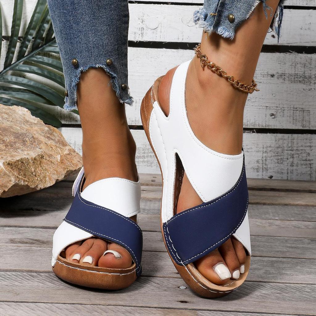 Sandali da donna con zeppa a contrasto e tacco alto, scarpe casual a punta aperta con suola spessa, comodi sandali con cinturino alla caviglia