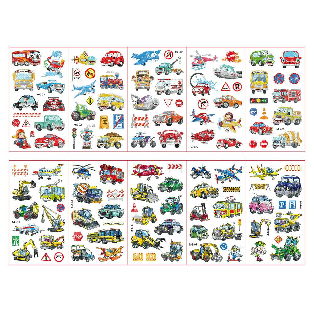 10 Fogli/Set Tatuaggi Adesivi Colorati con Polvere Glitterata Cartone Animato Animale Unicorno Principessa Veicolo Tatuaggio Temporaneo Finto per Bambini