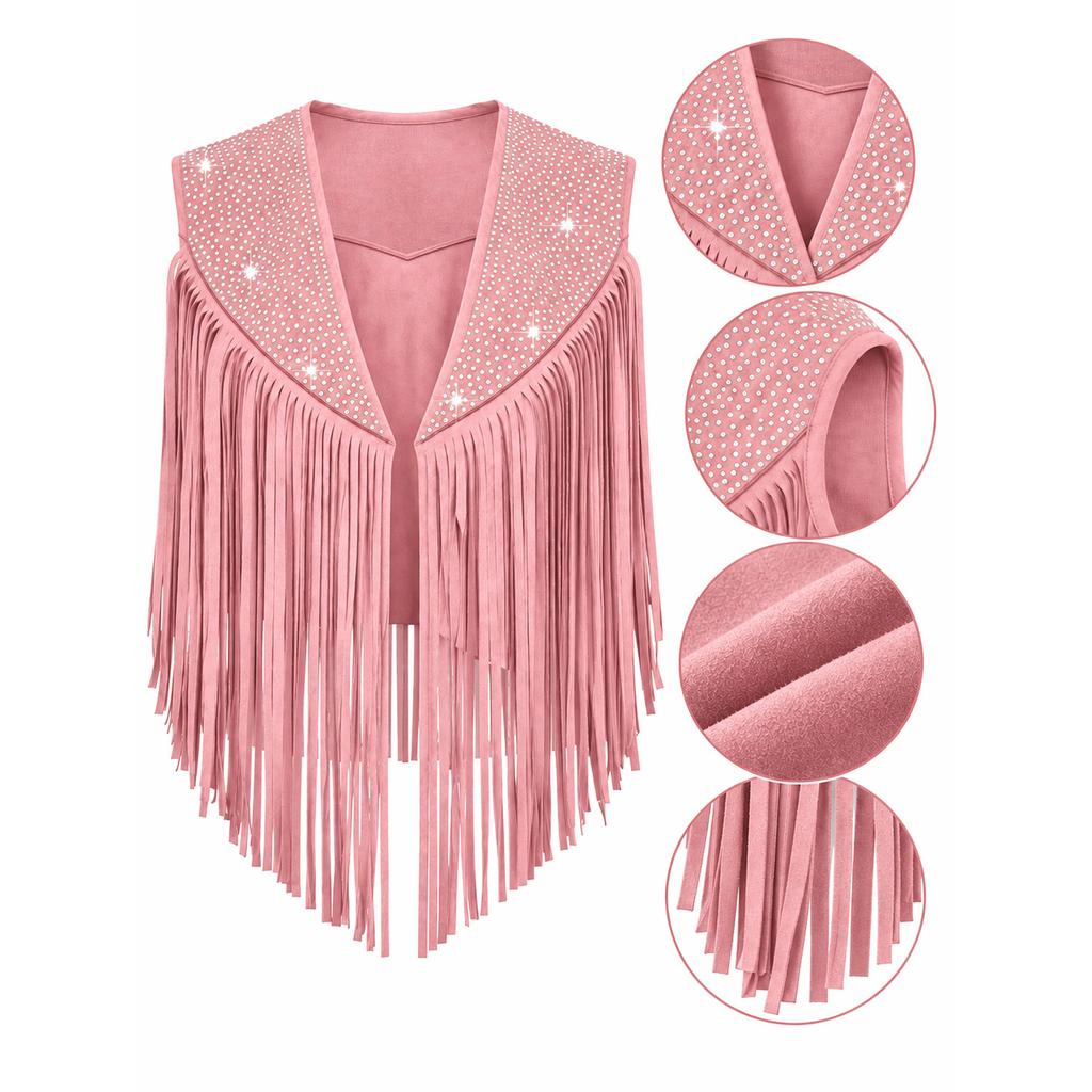Faux Suede Cowgirl Fringe Waistcoat Women Sparkly Rhinestone Tassel Sleeveless Open Front Vest for Halloween Cosplay Theme Party