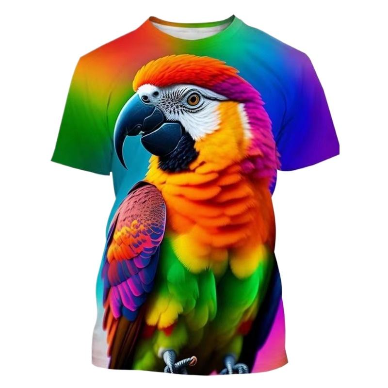 3D Parrot Men's Graphic T-Shirt Summer Street Men's Short Sleeve Tee Forest Bird Round Neck Men's Tops Breathable Men's T-Shirt