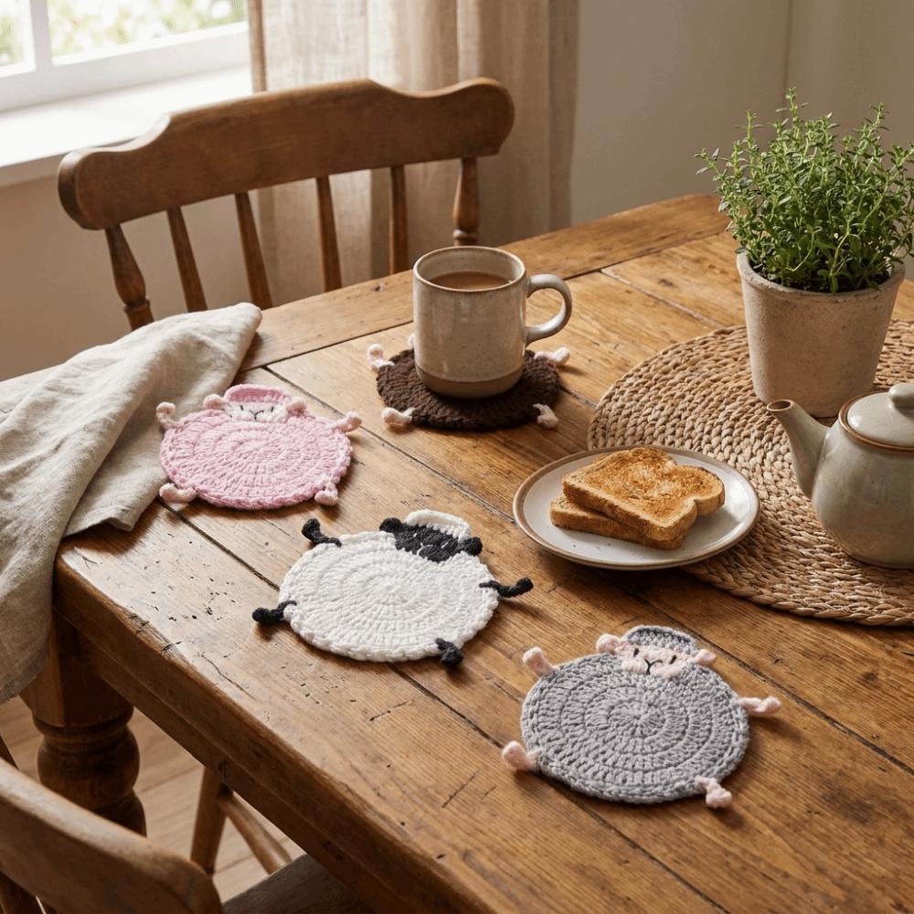 Cartoon Knitted Animal Coaster Handmade Teacup Pad Creative Crochet Lamb Coasters Home Decor