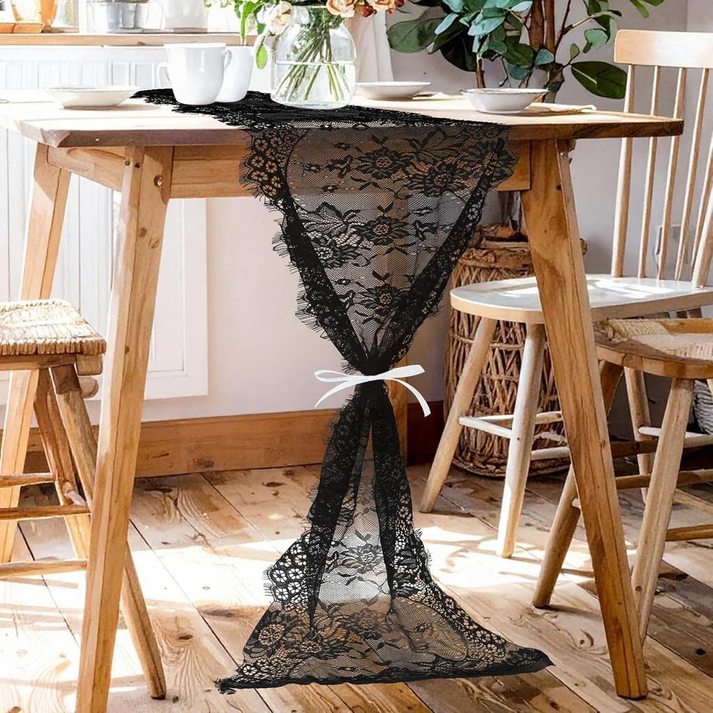 Black Lace Table Runner, 14x118 Inch Vintage Lace Table Cloth, Embroidered Boho Tables Runner for Rustic Wedding Tables Decorations, Bridal Shower,