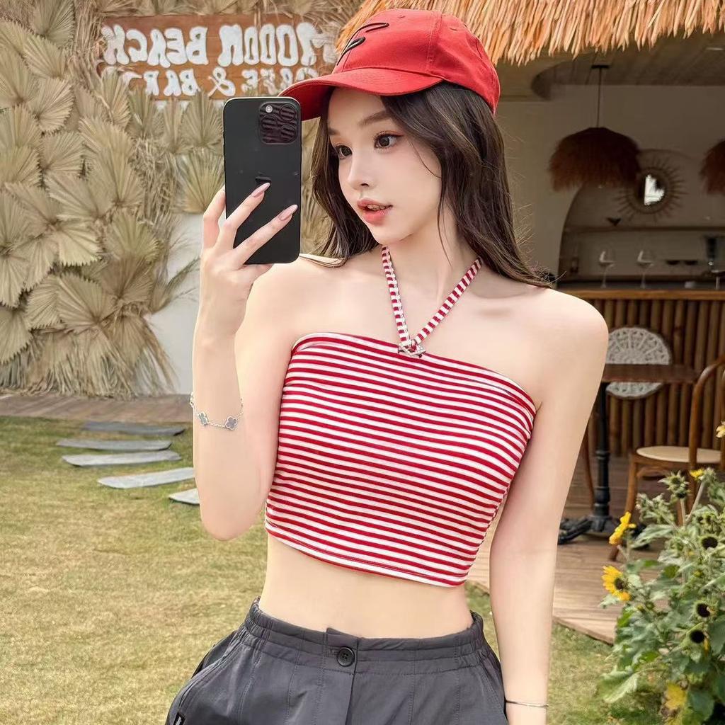 Summer new retro sexy pure desire wind straps neck striped sling vest female slim tube top beauty back top