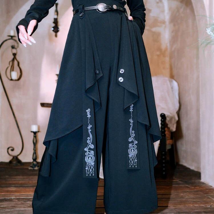 

Трендовые брюки палаццо в китайском стиле с вышивкой и асимметричными слоями M чёрный