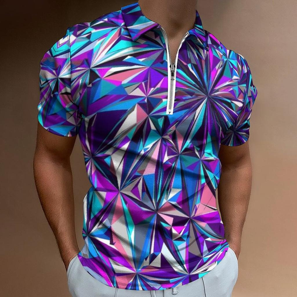Trendy Geometric Print Short-sleeve Zip Polo, Stylish Casual Men's Top.