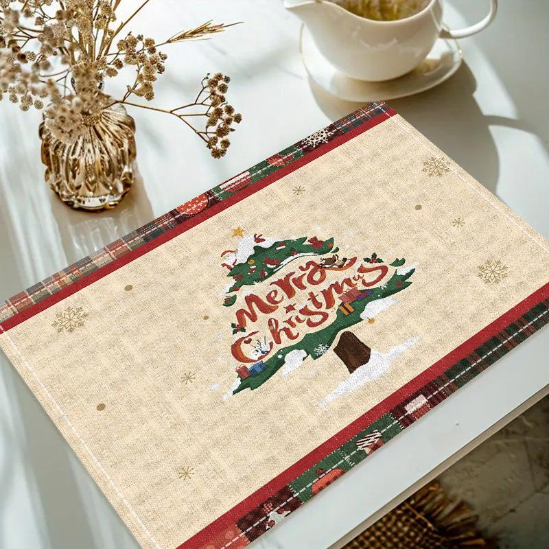 Christmas Linen Placemat Table Coffee Mat Poinsettia Pine Tree Snowflake Cone Merry Christmas Beige Red Green Elegant Decorative