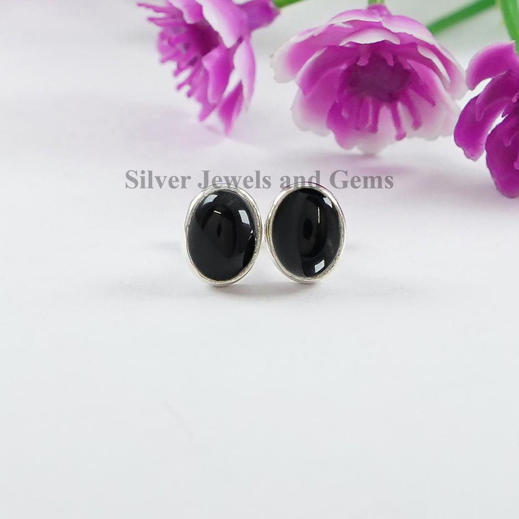 Natural Black Onyx Stud Earrings, 925 Sterling Silver Studs, Oval Black Onyx Studs, Gift for Mom, December Birthstone, Handmade Silver Studs