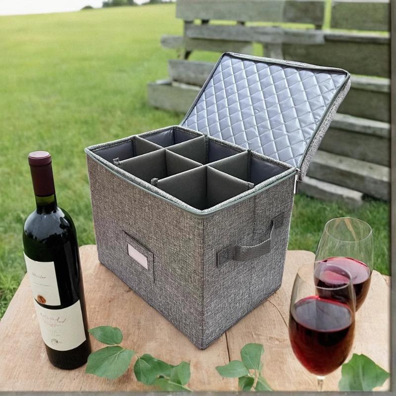Wine Glass Holder, 12-Slot Collapsible Organizer, Zippered Handle Stemware Case, Portable Dustproof Fabric Travel Box