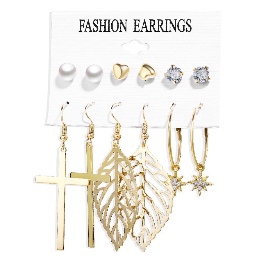 IF ME Korean Geometric Tassel Earring Set Simple Retro Leaf Heart Gold Earrings Jewelry Accessories