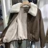 Women's European-Style PU Leather Jacket, Fleece-Lined with Big Fur Collar, Petite Size, Short Top for Autumn/Winter 2025