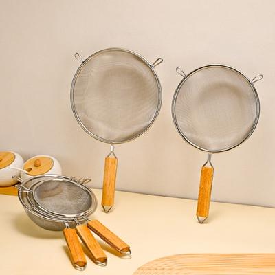 Edelstahl-Sieb mit Holzgriff Feinmaschiges Sieb zum Mehl-Sieben und Öl-Filtern Mehrgrößen-Küchensieb