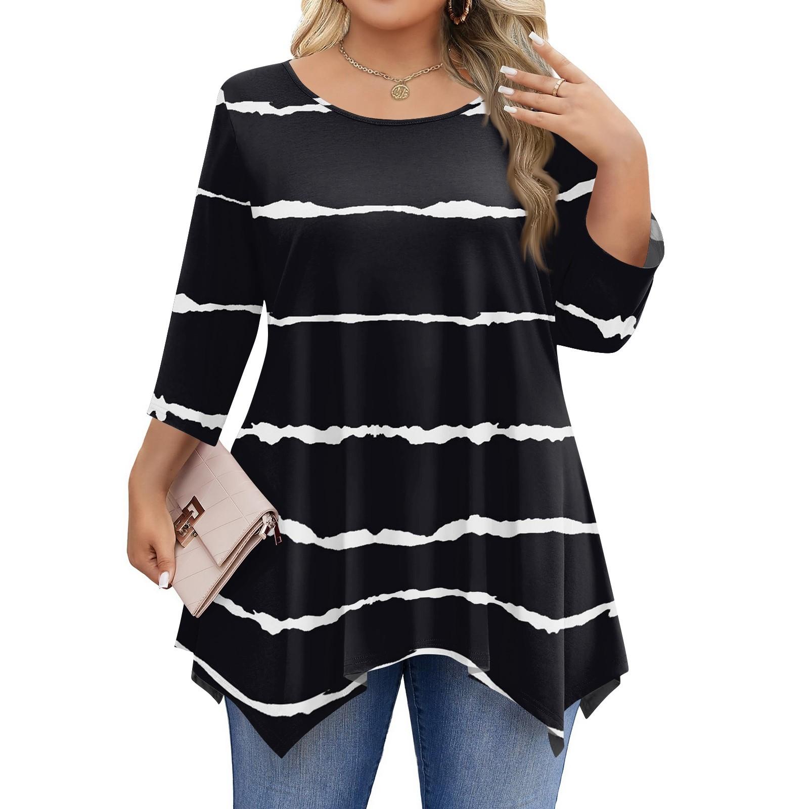 

Womens Plus Size 3/4 Sleeve Shirts Round Neck Tunic Tops Basic Loose Fit Tee Tops L-5XL L чорний
