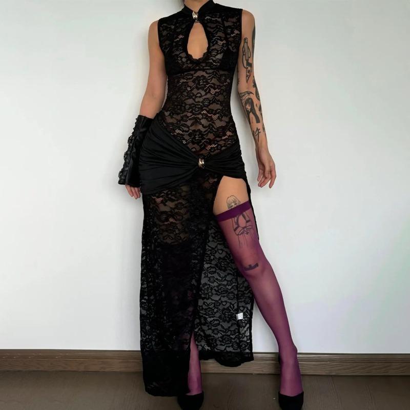 New Sexy Fashion Lace Hollow High Split Slim Sleeveless Dress Women