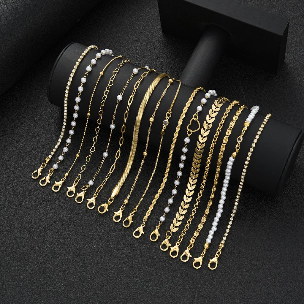 16pcs Minimalist Heart Pearl Rhinestone Snake Chain Bracelet Set for Women Elegant Gold Color Dates Vacations Daily Wear Jewelry