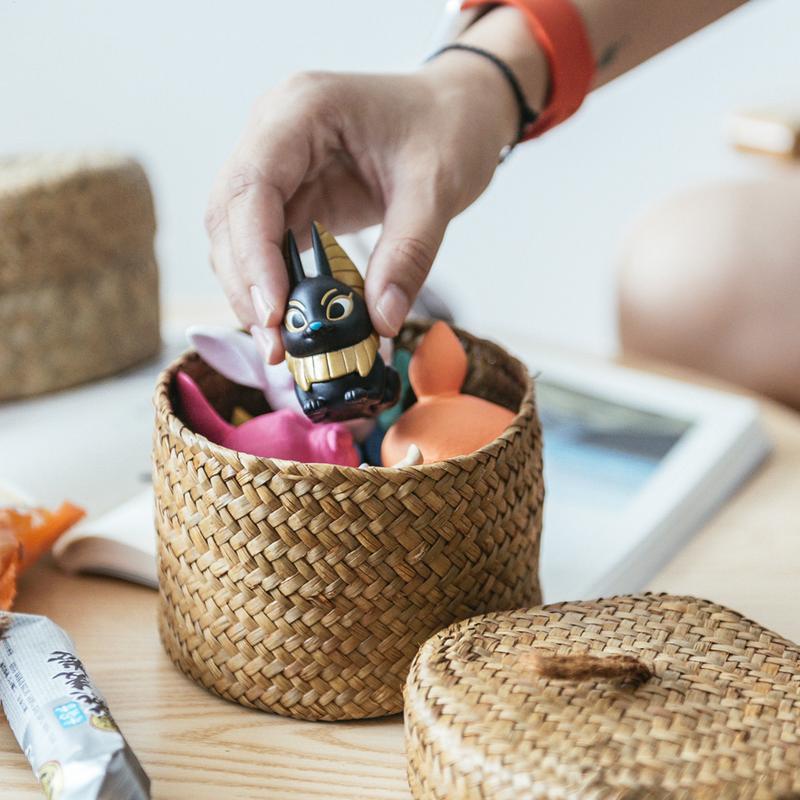 Weaving Snack Storage Box Jute Sundries Storage Baskets With Lids Wardrobe Table Round Gift Box Wicker Organizer Case