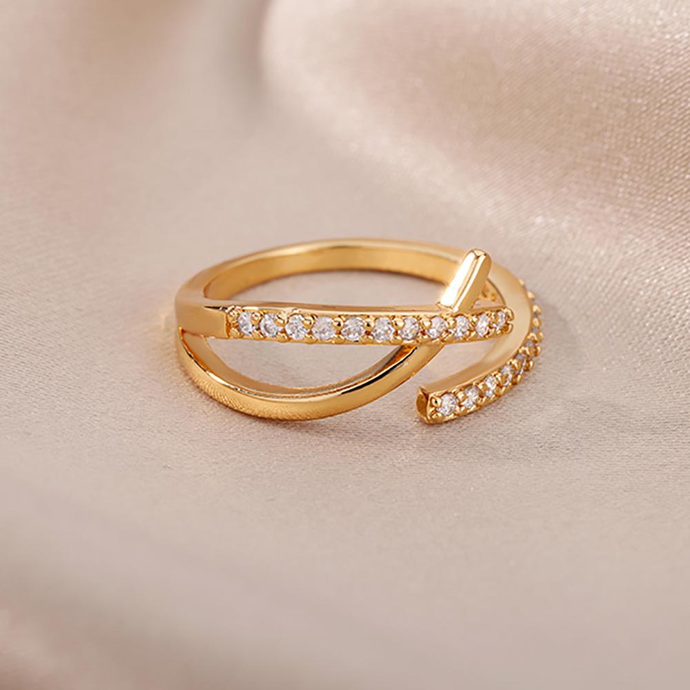 Zircon Chain Cross Rings For Women Vintage Gold Color Stainless Steel Geometric Open Ring Fashion Wedding Aesthetic Jewelry Gift