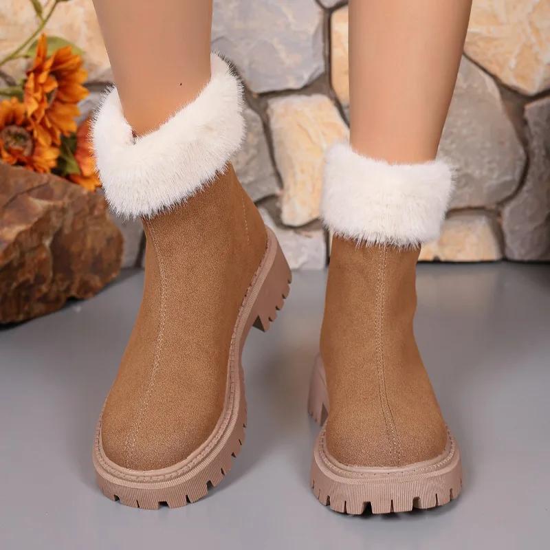 Fashion Winter New Thick Heel Cotton Boots Women's Round Head Suede Back Zipper Thick Sole Anti-slip Wear-resistant Short Boots