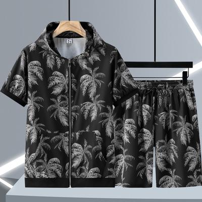 Mens Summer Loose Thin Plus Size Set Short Sleeve Hooded Handsome Jacket + Shorts Quick Dry Two Piece Set