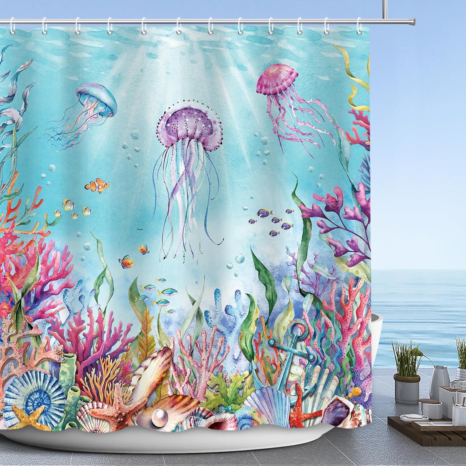 Nautical Shower Curtain Ocean Jellyfish Coral Beach Waterproof Washable for Bathroom with Hooks 90x180