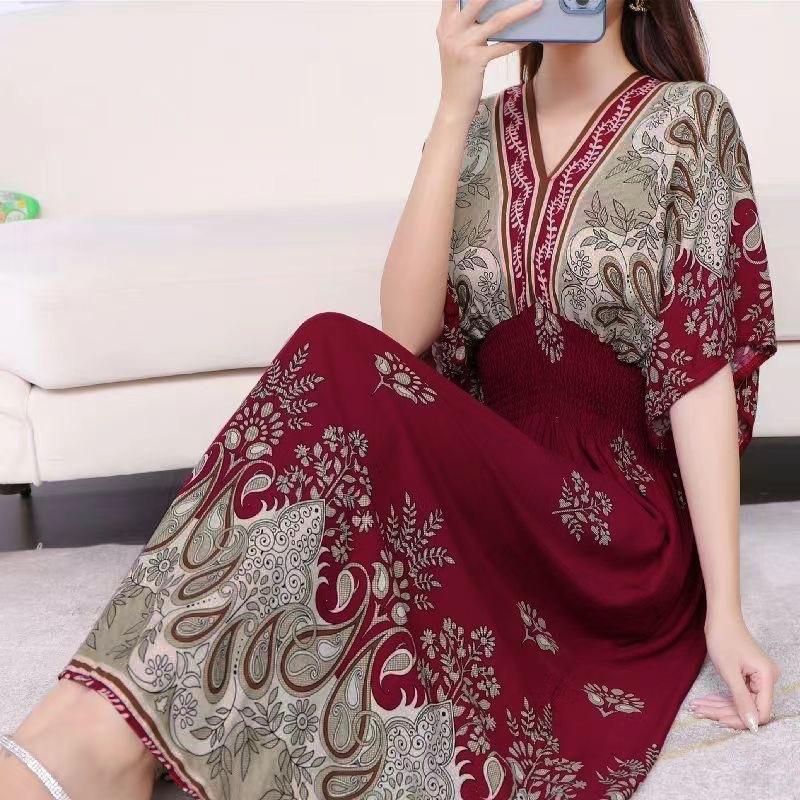 Ethnic Style V-neck Cotton and Silk Short-sleeved Beach Dress Thailand Travel Dress Summer Print Vacation Floral Skirt