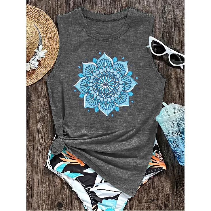 2026 New Spring & Summer Women's Round Neck Sleeveless Vest, featuring blue mandala geometric print.