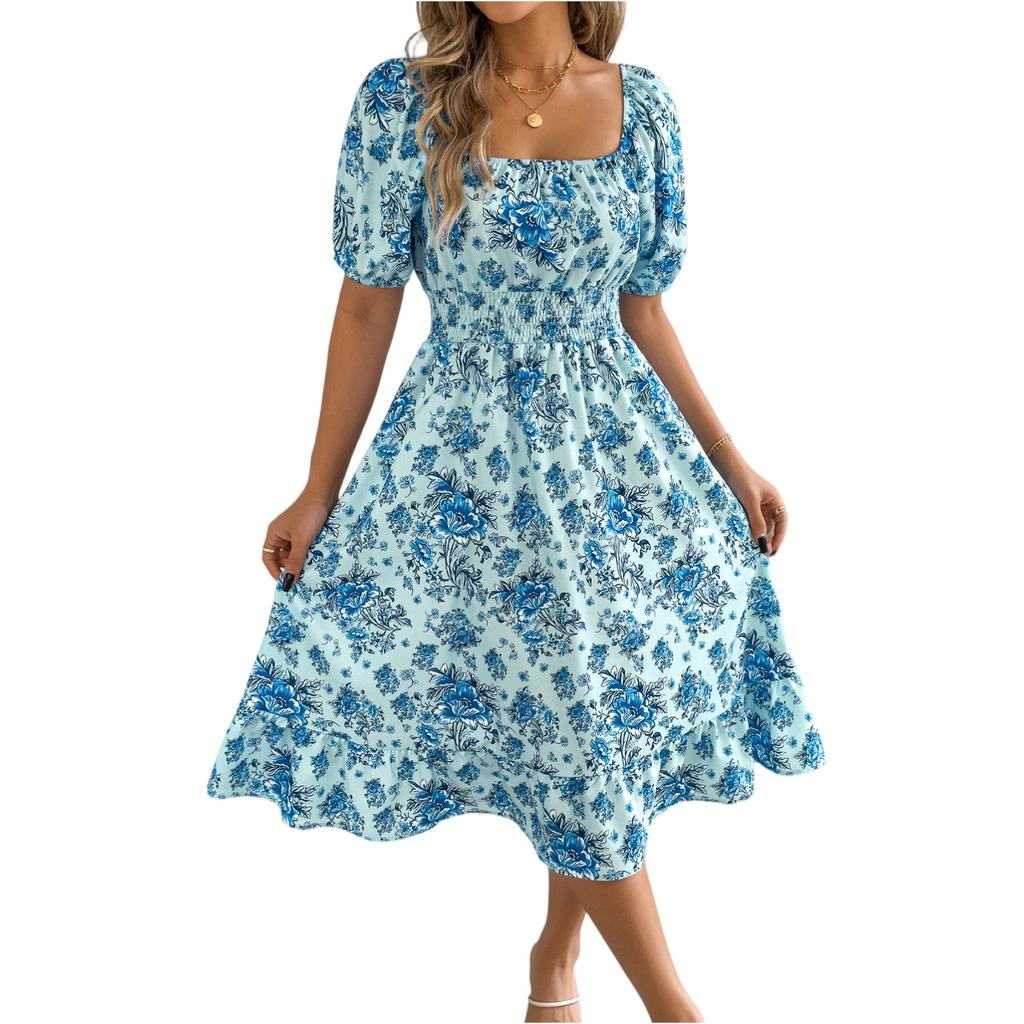 Women's Fashionable Floral Print Off Shoulder Short Sleeved Ruffle Edge Holiday Beach Loose Dress