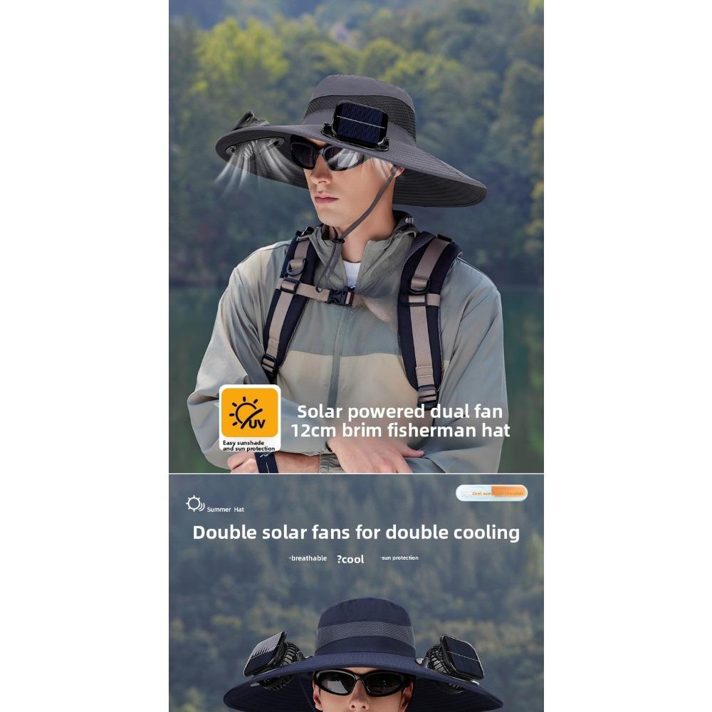 Men Solar Powered Dual Fan Hat, Summer Outdoor Mountaineering Fishing Sun Hat, Wide Brim Breathable UV Protection Fisherman Cap