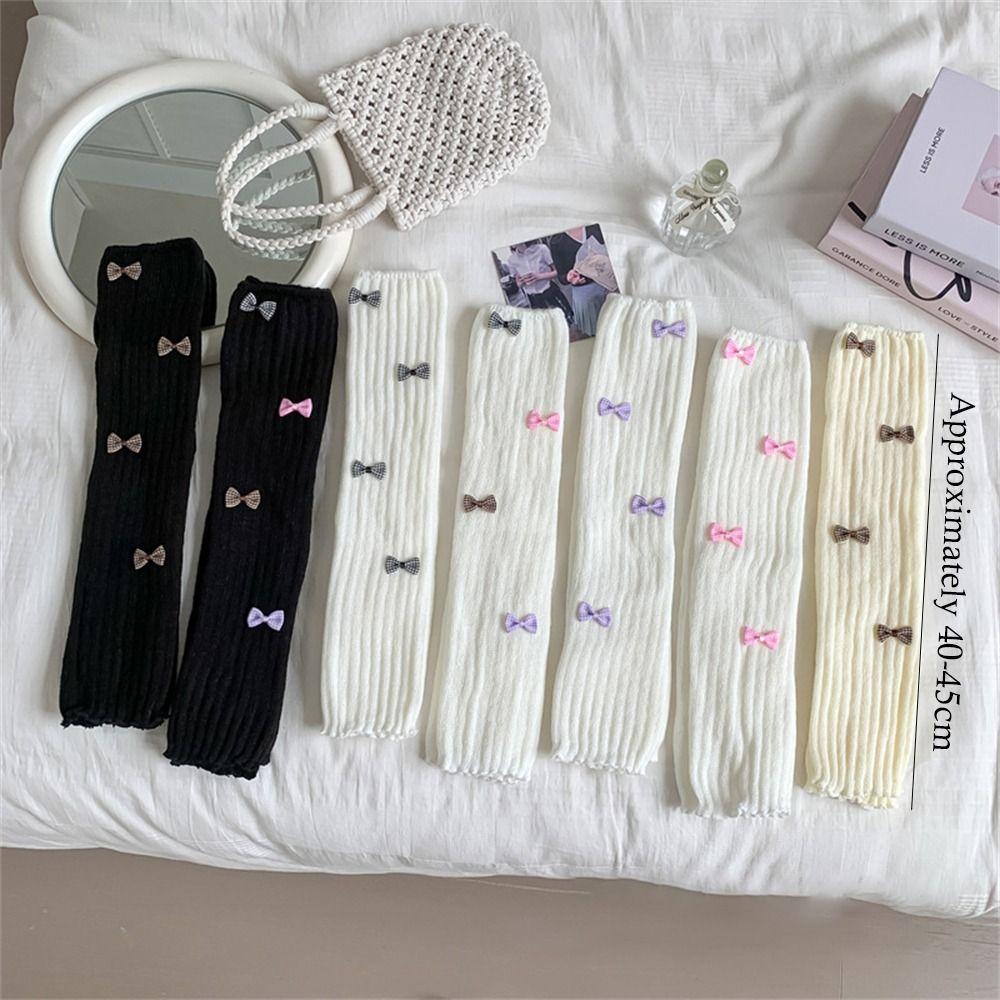 White Knitted Socks Bow Tie Lolita Long Socks Cute Leg Warmer for Women Girls