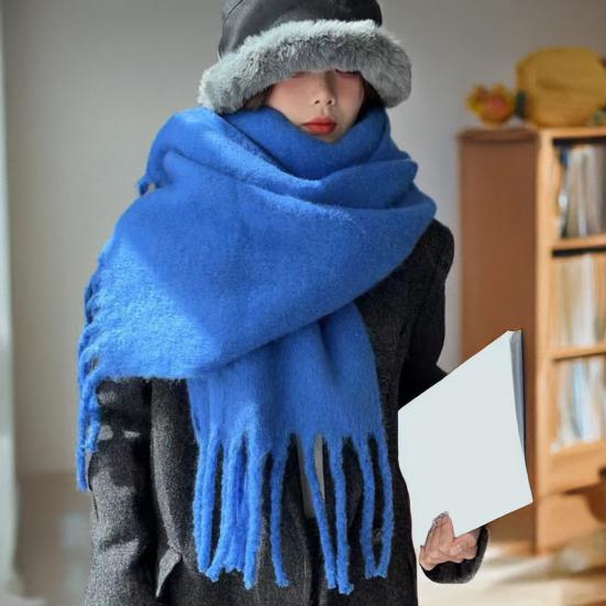 Women Winter Scarf Solid Color Lightweight Soft Warm Scarf with Tassel Trim Cold Weather Imitation Cashmere Scarf