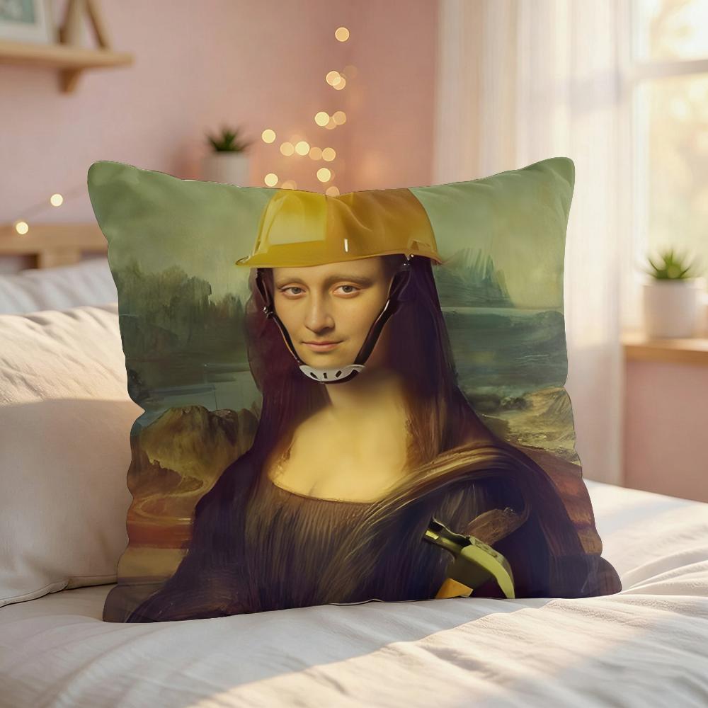 Mona Lisa Interesting Abstract Cushion Cover Silky Short Plush Invisible Zipper Dustproof Sofa Pillow Case For Home Decor