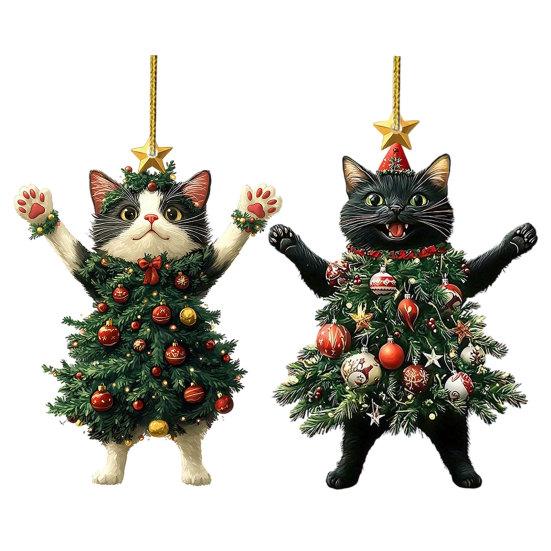 Cute Animal Tree Decor 2Pcs Christmas Cat Acrylic Ornament, 2D Flat Kitty Hanging Pendant with Holiday Party Supplies Santa Hat Decor, Car Rearview