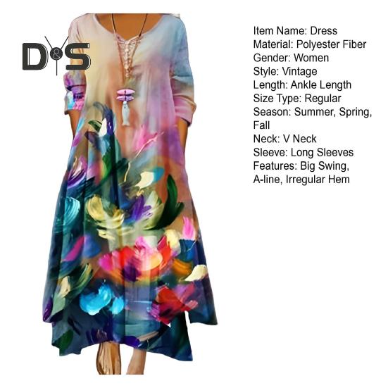 Frühlings- und Herbstkleid mit Taschen, Vintage-Blumendruck, V-Ausschnitt, unregelmäßiger Lagensaum, lockeres A-Linien-Maxikleid für die tägliche Arbeitsparty