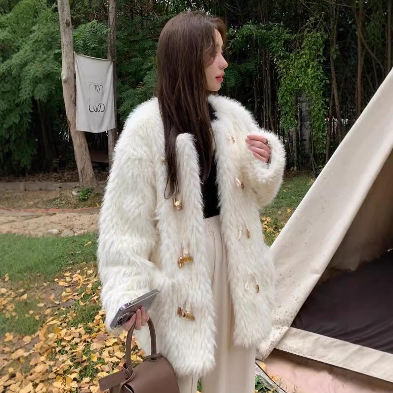 Light Fur Coat Medium and Long Lamb Wool Coat Winter Round Neck Horn Buckle Plush Clothes Women