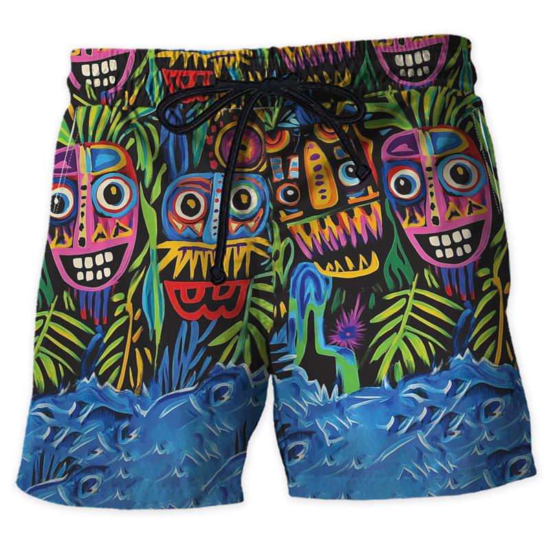 Fashion Tiki Graphic Beach Shorts For Men Summer Casual Holiday Vacation 3D Printed Short Pants Loose Harajuku Kids Swim Trunks