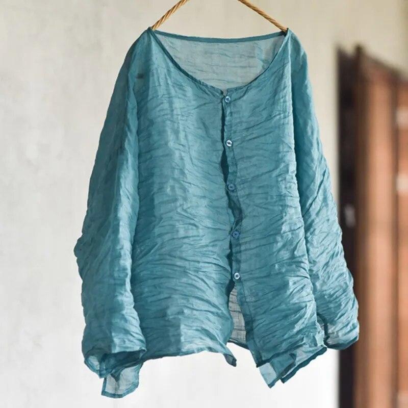 

Johnature женские винтажные рубашки с вышивкой, топы с круглым вырезом и длинным рукавом, однотонные весенние женские рубашки на пуговицах One Size светло-синий