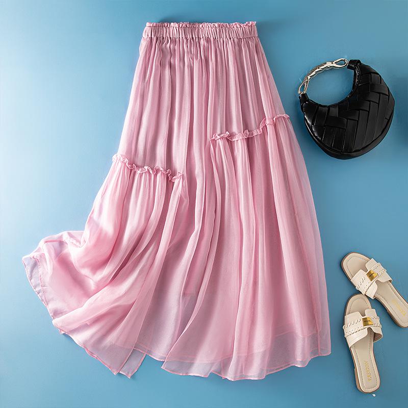 Women's Japanese-Style A-line Silk Skirt with Elastic Waist