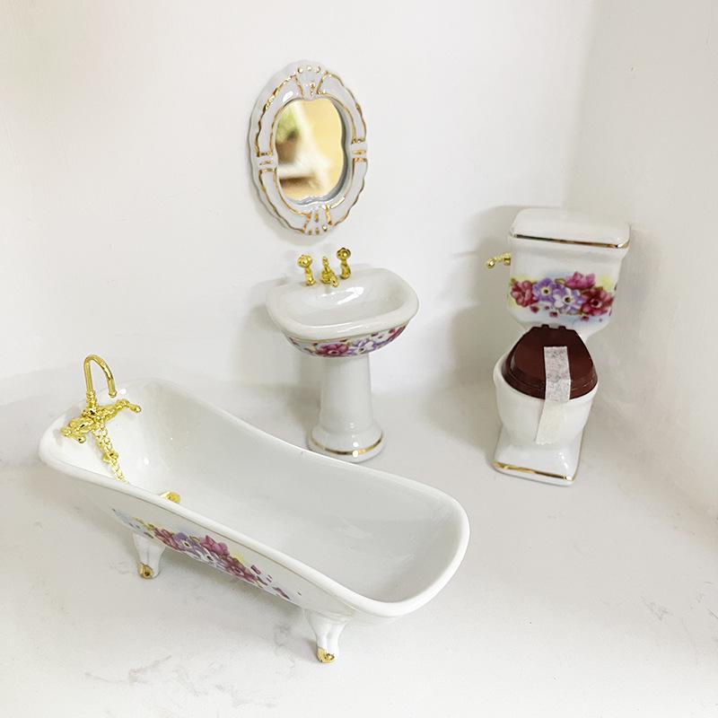 1:12 Scale Miniature Ceramic Bathroom Set - 4-Piece Dollhouse Fixtures
