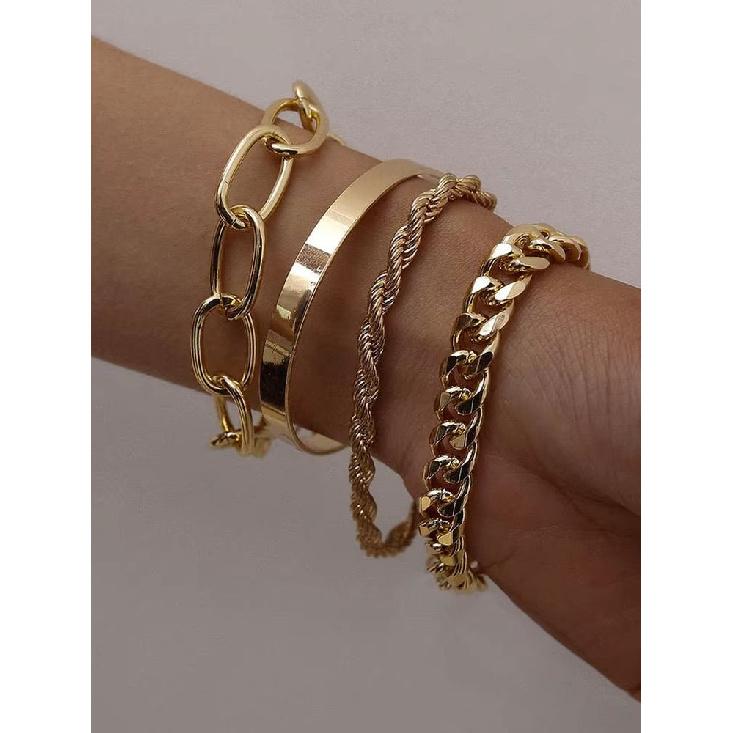 4Pcs Chunky Gold Stackable Bracelet Set Paperclip Curb Twisted Chain Smooth Bangle Minimal Layering Wrist Jewelry for Women