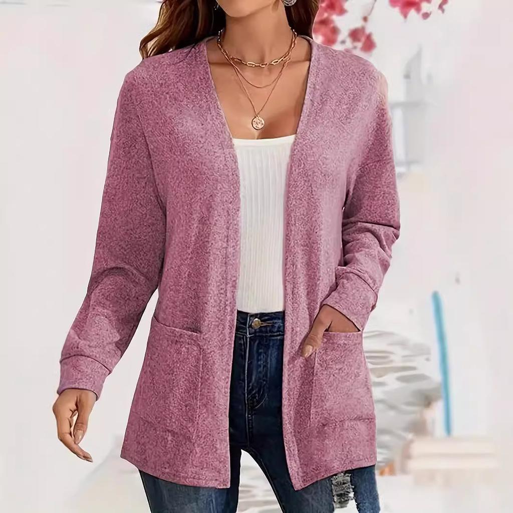 Dámský jednobarevný kapsáčový volný tenký kardigan s dlouhým rukávem